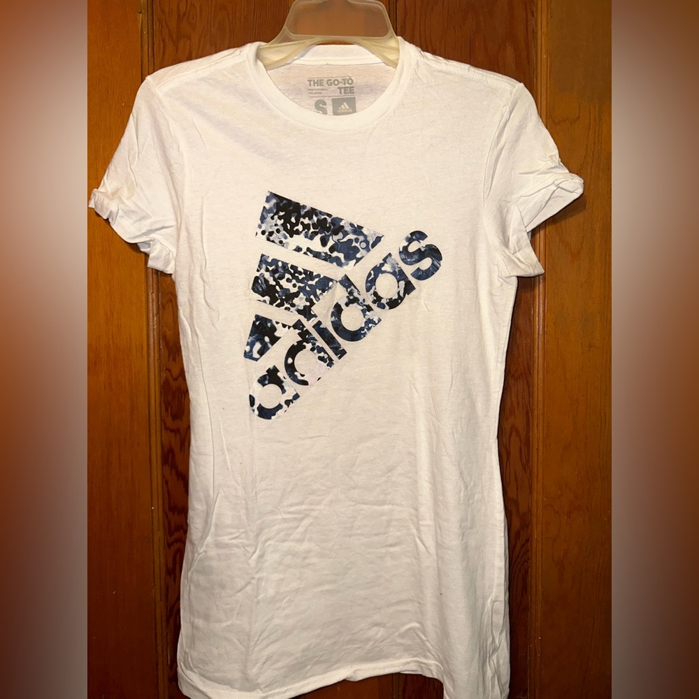 Adidas White Tee with Blue Graphic
